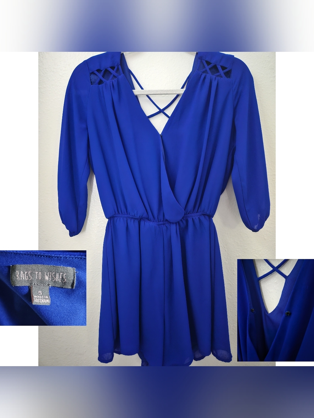 Cobalt Blue Lattice Romper - Size S - Surplice Neck & Strappy Back